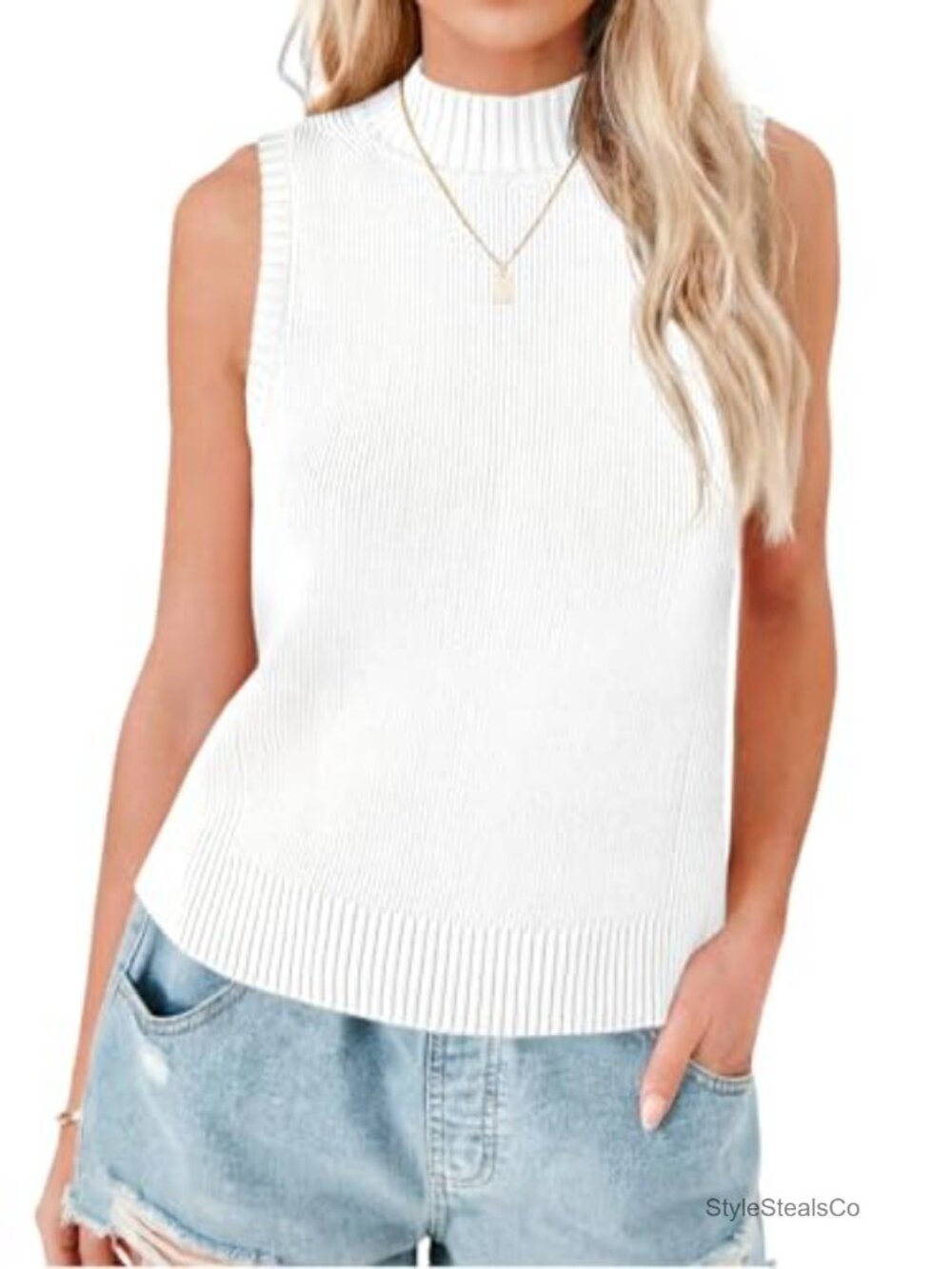 Ribbed Tank Top High Neck Sleeveless Slimming Knit Sweater Vest